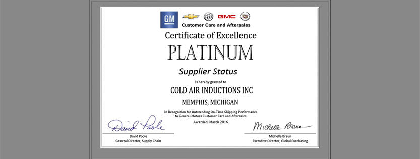 Cold Air Inductions Inc. Memphis, MI Awarded Platinum Supplier Status